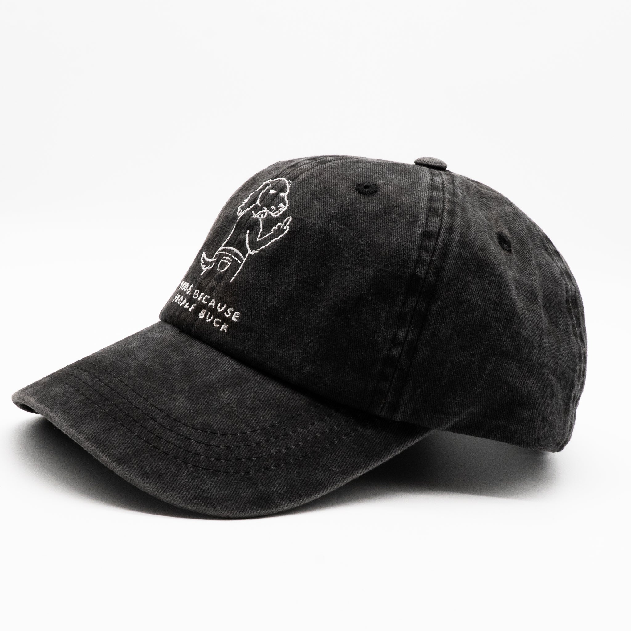 Zwarte denim pet - Logo "Dogs. Because People Suck" 