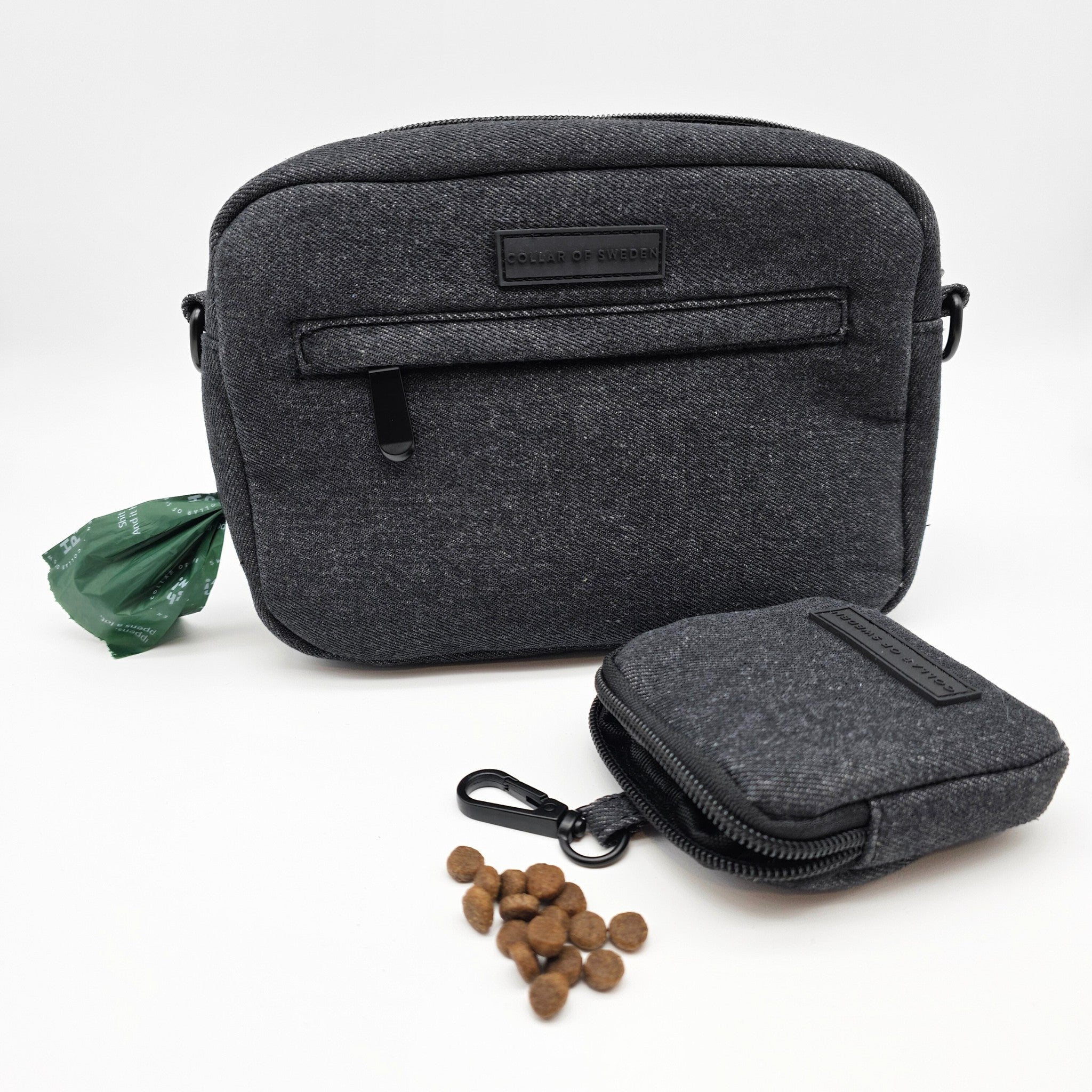 Zwarte Denim Hondenuitlaat Tas - Crossbody 